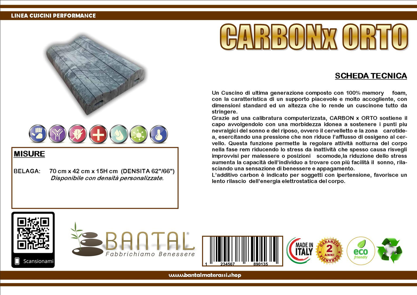 Cuscino memory in carbon modello Carbon X Orto Prodotto Italiano