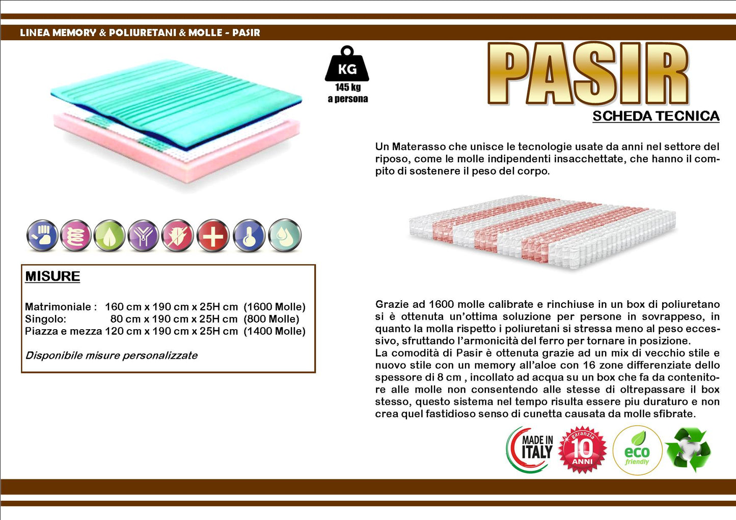 Materasso Modello Pasir 1600 Molle insacchettate e 8 cm di memory Aloe