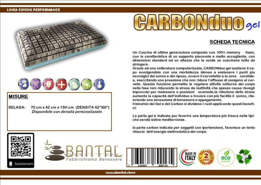 Cuscino bicomponente in memory gel e memory carbon modello CarbonDuoGel prodotto italiano